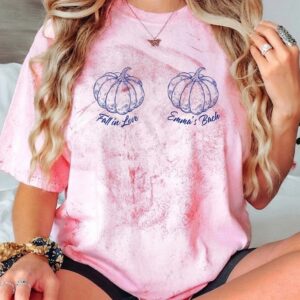 Custom Fall In Love Pumpkin Bikini Bra Bachelorette Halloween Shirt Personalized Bridal Party T-Shirt For Bride Bridesmaids Cozy Aesthetic Rust Orange Cotton Tee