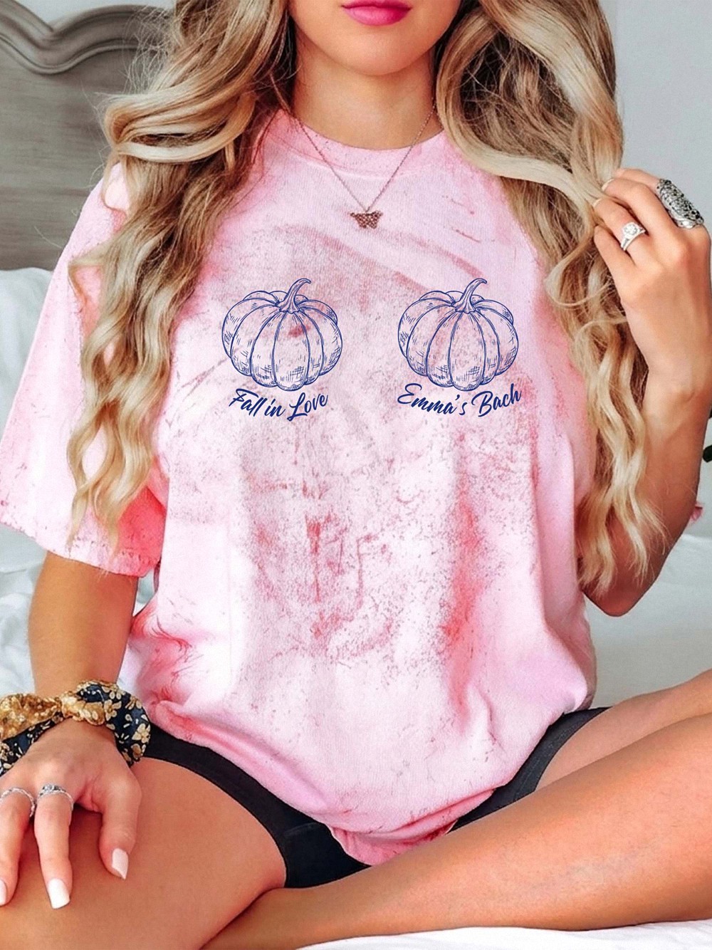 Custom Fall In Love Pumpkin Bikini Bra Bachelorette Halloween Shirt Personalized Bridal Party T-Shirt For Bride Bridesmaids Cozy Aesthetic Rust Orange Cotton Tee