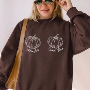 Custom Fall In Love Pumpkin Bikini Bra Bachelorette Halloween Shirt Personalized Bridal Party T-Shirt For Bride Bridesmaids Cozy Aesthetic Rust Orange Cotton Tee