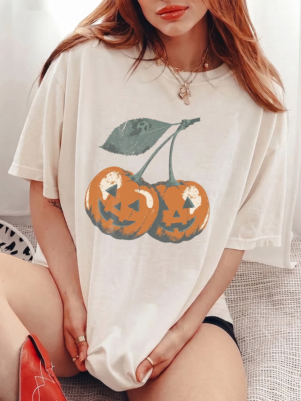 wnnrcnww Retro Cherry Jack-O-Lantern T-Shirt Spooky Halloween Graphic