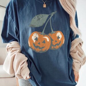 wnnrcnww Retro Cherry Jack-O-Lantern T-Shirt Spooky Halloween Graphic