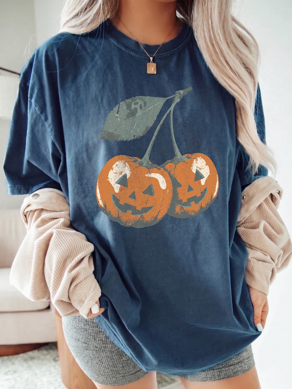 wnnrcnww Retro Cherry Jack-O-Lantern T-Shirt Spooky Halloween Graphic