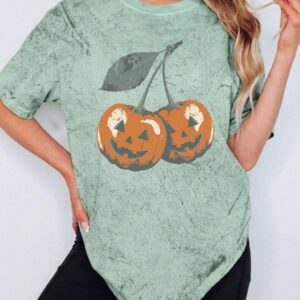 wnnrcnww Retro Cherry Jack-O-Lantern T-Shirt Spooky Halloween Graphic