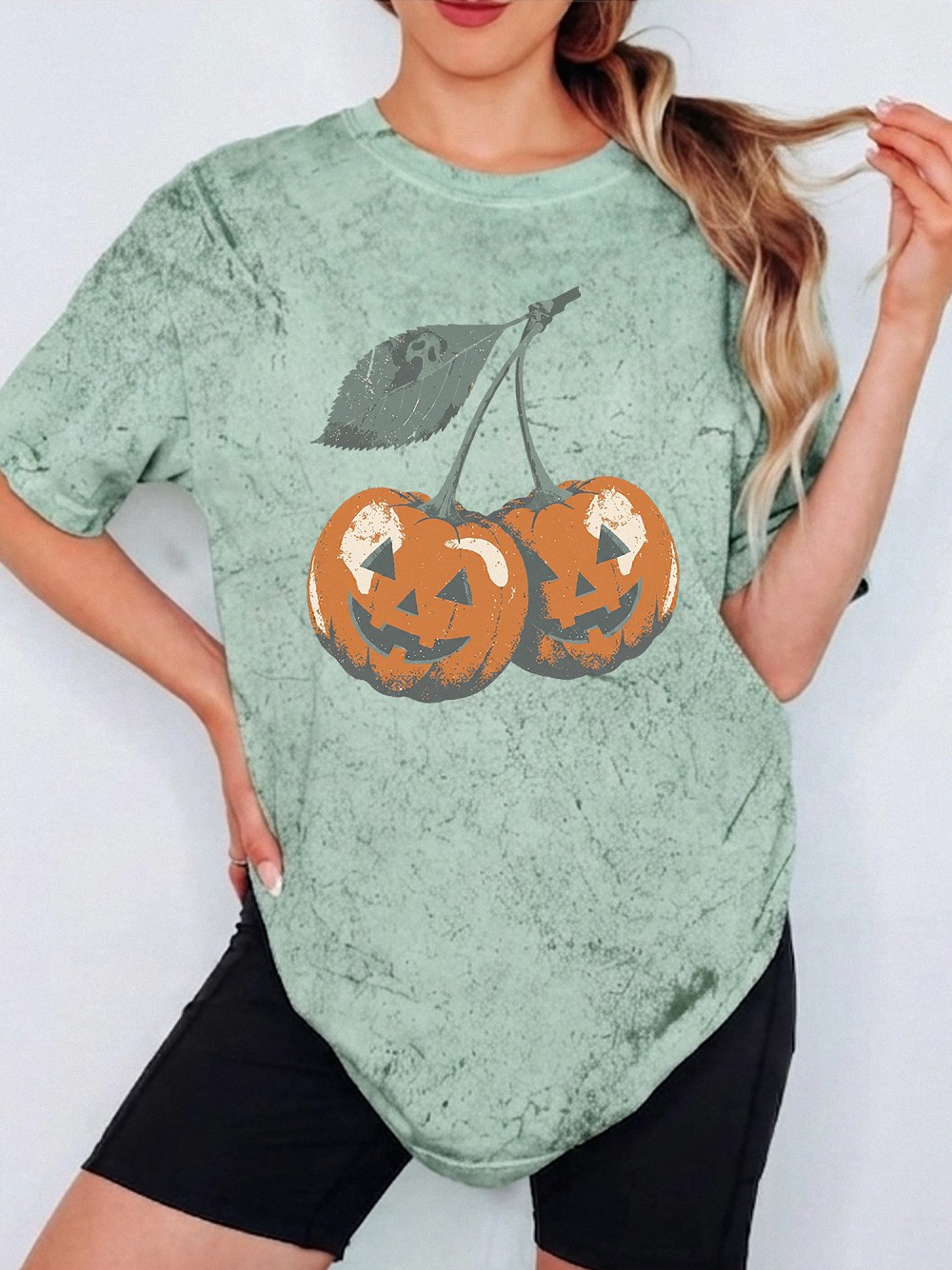 wnnrcnww Retro Cherry Jack-O-Lantern T-Shirt Spooky Halloween Graphic