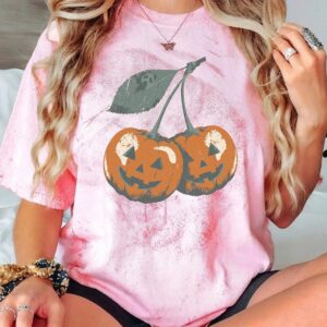 wnnrcnww Retro Cherry Jack-O-Lantern T-Shirt Spooky Halloween Graphic