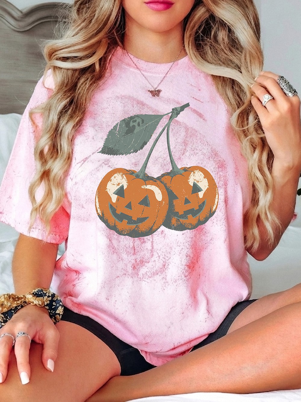 wnnrcnww Retro Cherry Jack-O-Lantern T-Shirt Spooky Halloween Graphic