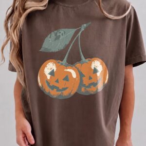 wnnrcnww Retro Cherry Jack-O-Lantern T-Shirt Spooky Halloween Graphic