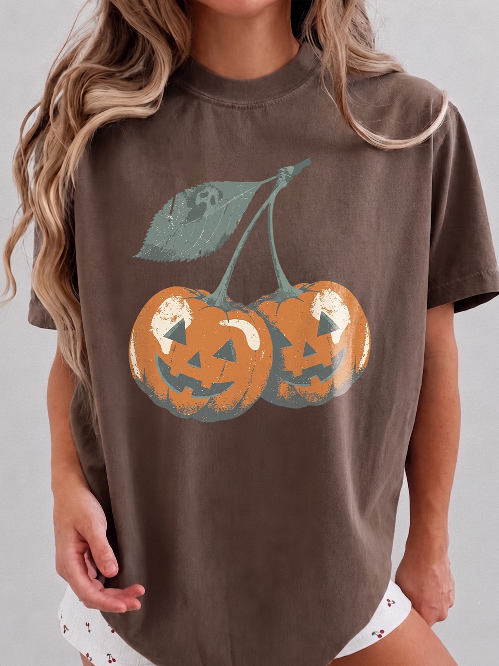 wnnrcnww Retro Cherry Jack-O-Lantern T-Shirt Spooky Halloween Graphic