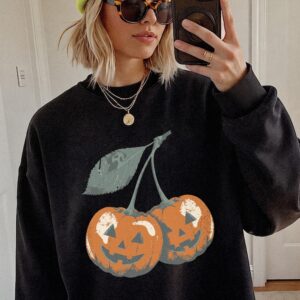 wnnrcnww Retro Cherry Jack-O-Lantern T-Shirt Spooky Halloween Graphic