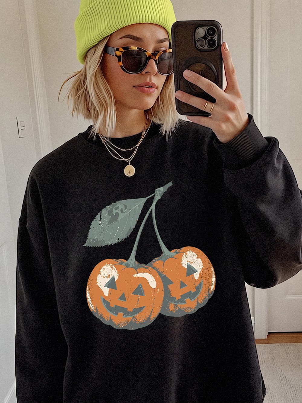 wnnrcnww Retro Cherry Jack-O-Lantern T-Shirt Spooky Halloween Graphic