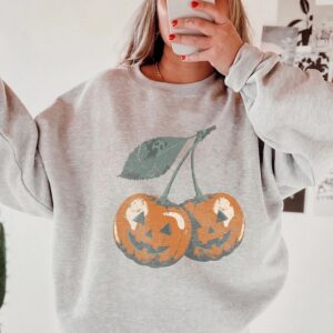 wnnrcnww Retro Cherry Jack-O-Lantern T-Shirt Spooky Halloween Graphic