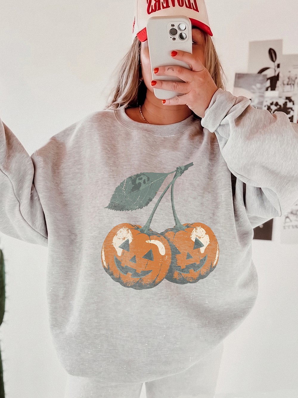 wnnrcnww Retro Cherry Jack-O-Lantern T-Shirt Spooky Halloween Graphic