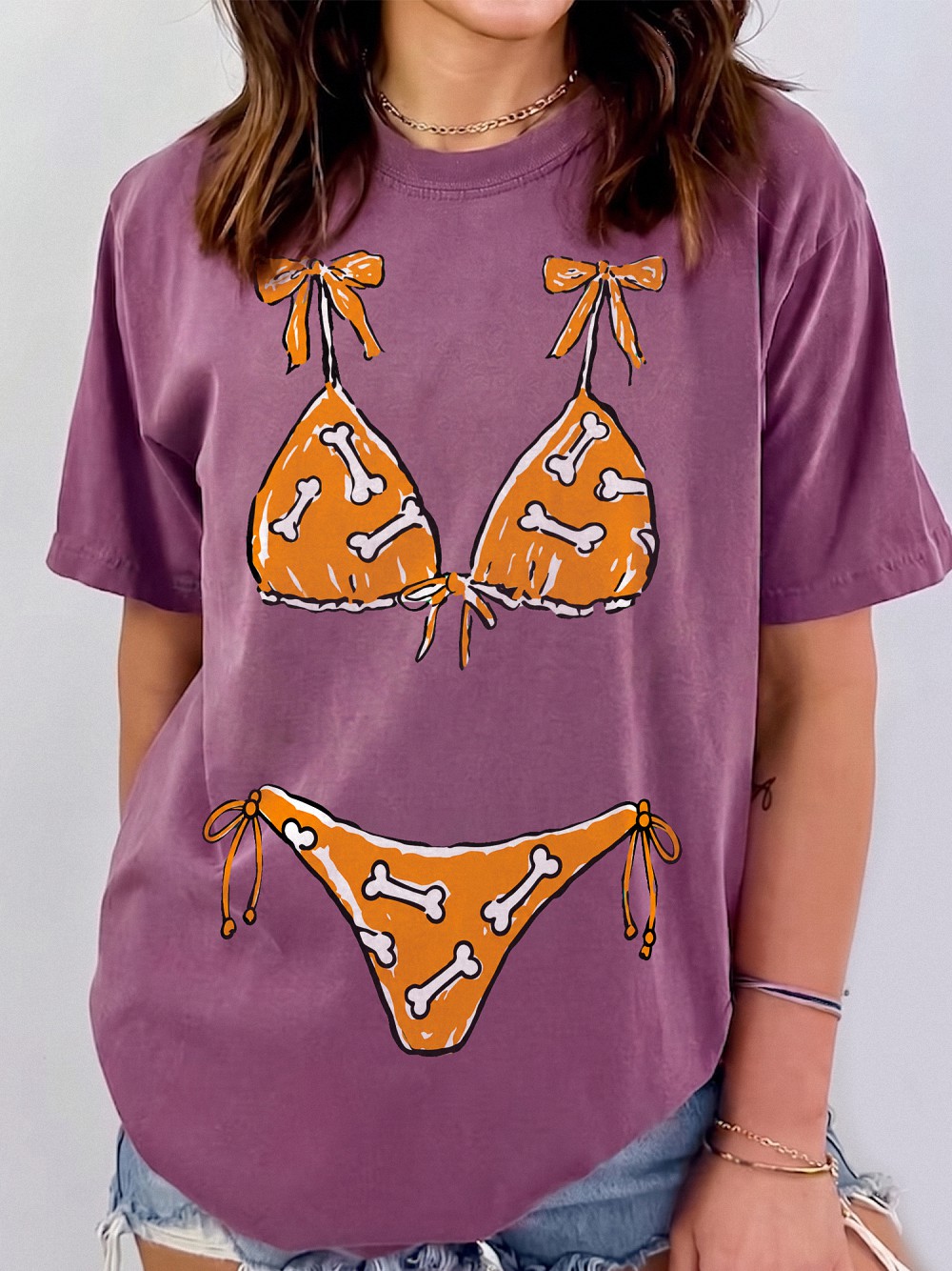 Apnobbou Funny Faux Bikini T-Shirt Dog Bone Beach Graphic Tee