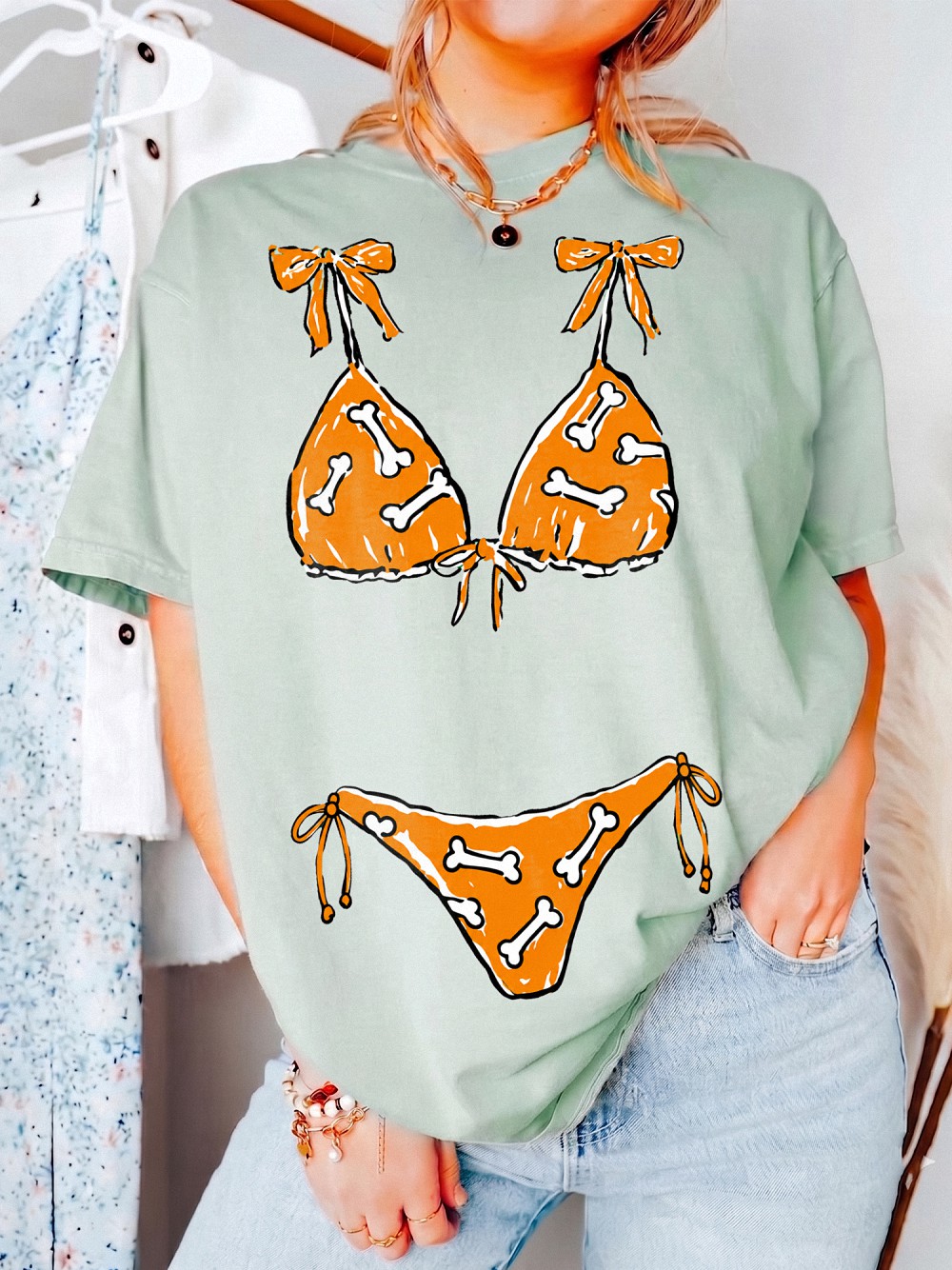 Apnobbou Funny Faux Bikini T-Shirt Dog Bone Beach Graphic Tee