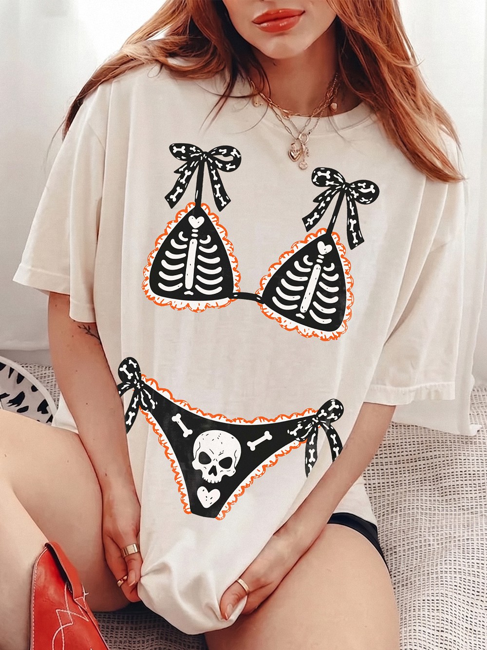 Ohlnjwci Skeleton Bikini Illusion Halloween Graphic Tee