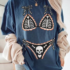 Ohlnjwci Skeleton Bikini Illusion Halloween Graphic Tee