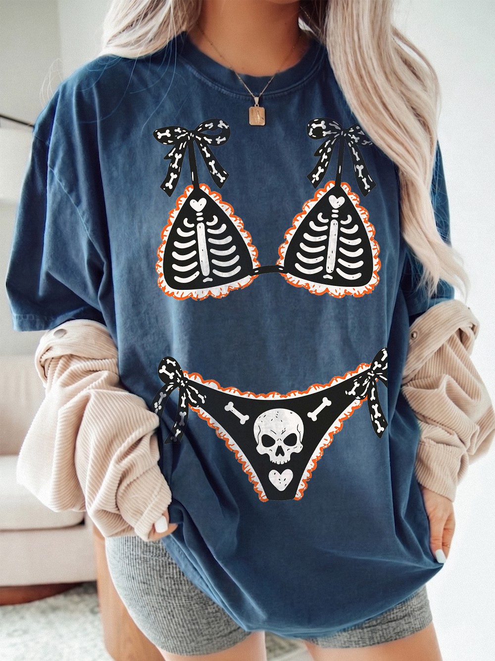 Ohlnjwci Skeleton Bikini Illusion Halloween Graphic Tee