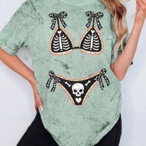 Ohlnjwci Skeleton Bikini Illusion Halloween Graphic Tee