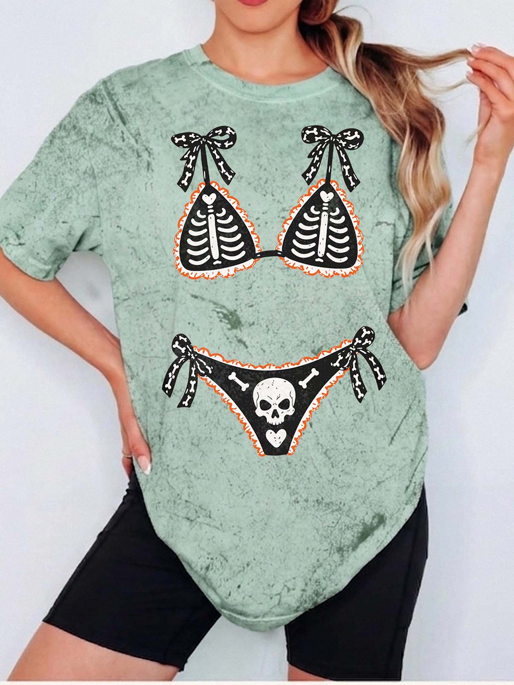 Ohlnjwci Skeleton Bikini Illusion Halloween Graphic Tee