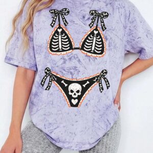 Ohlnjwci Skeleton Bikini Illusion Halloween Graphic Tee