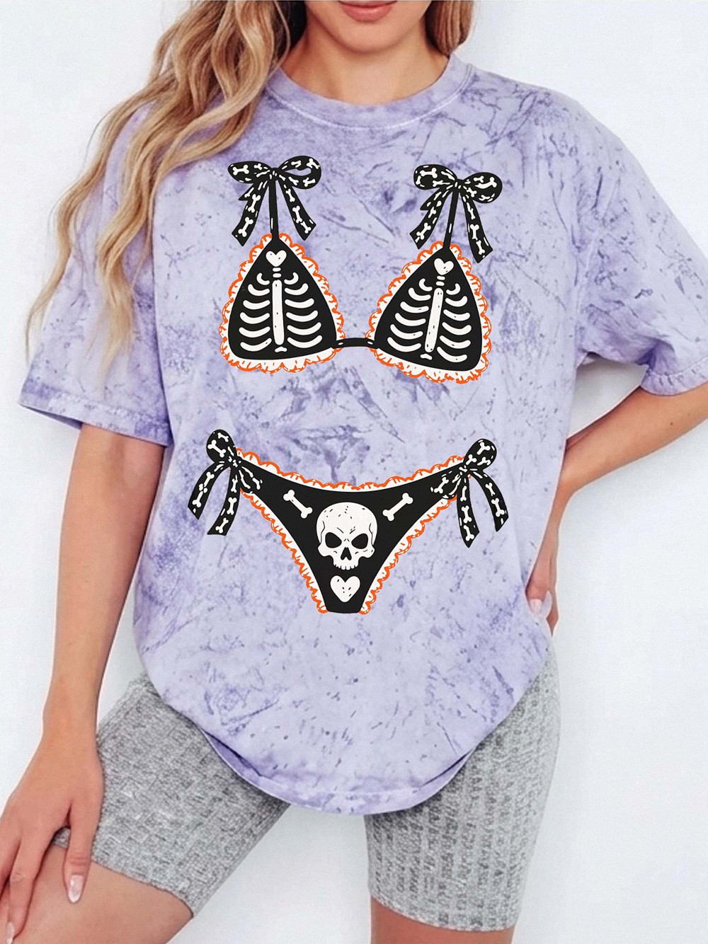 Ohlnjwci Skeleton Bikini Illusion Halloween Graphic Tee