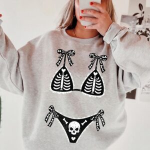 Ohlnjwci Skeleton Bikini Illusion Halloween Graphic Tee