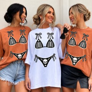 Ohlnjwci Skeleton Bikini Illusion Halloween Graphic Tee