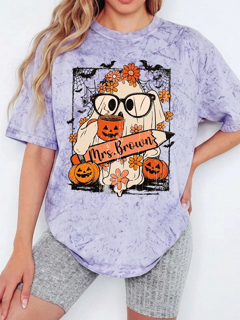 Mrs. Brown Teacher Halloween Graphic Tee - Cute Ghost Bleached Shirt