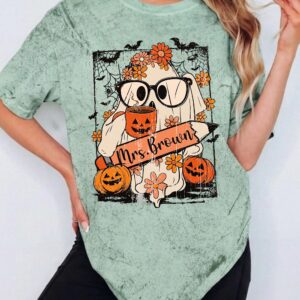Mrs. Brown Teacher Halloween Graphic Tee - Cute Ghost Bleached Shirt