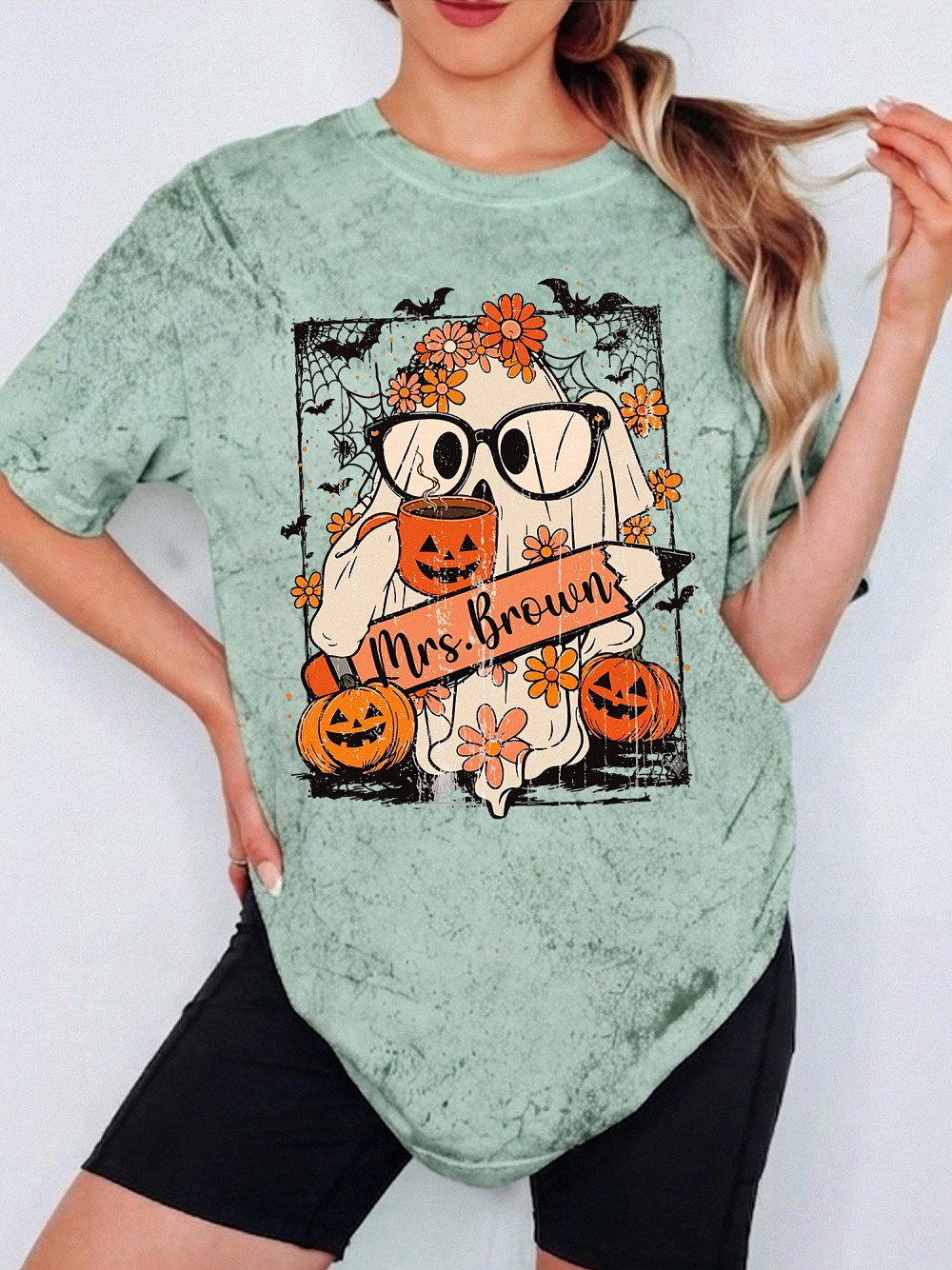 Mrs. Brown Teacher Halloween Graphic Tee - Cute Ghost Bleached Shirt