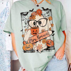 Mrs. Brown Teacher Halloween Graphic Tee - Cute Ghost Bleached Shirt