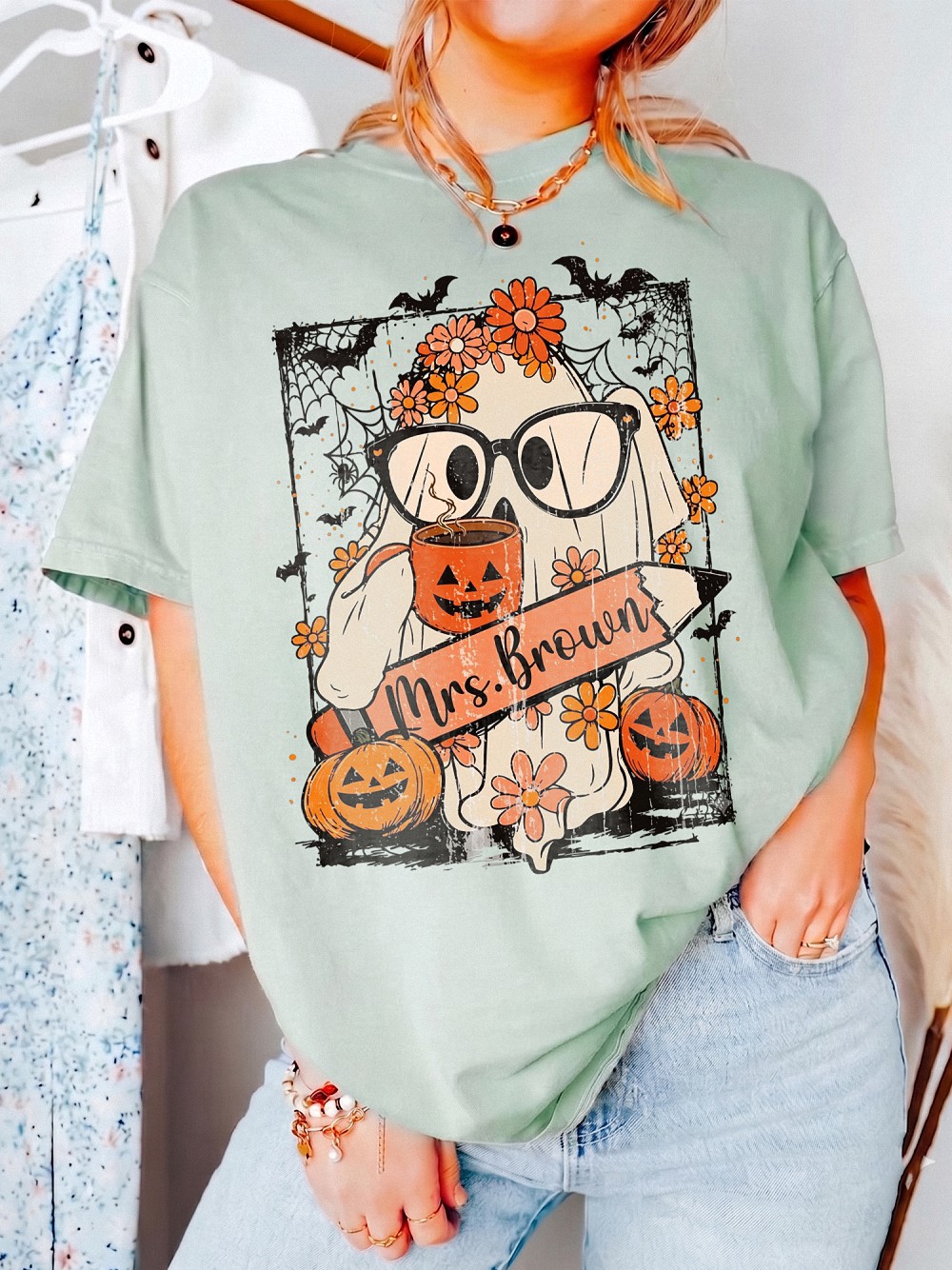 Mrs. Brown Teacher Halloween Graphic Tee - Cute Ghost Bleached Shirt