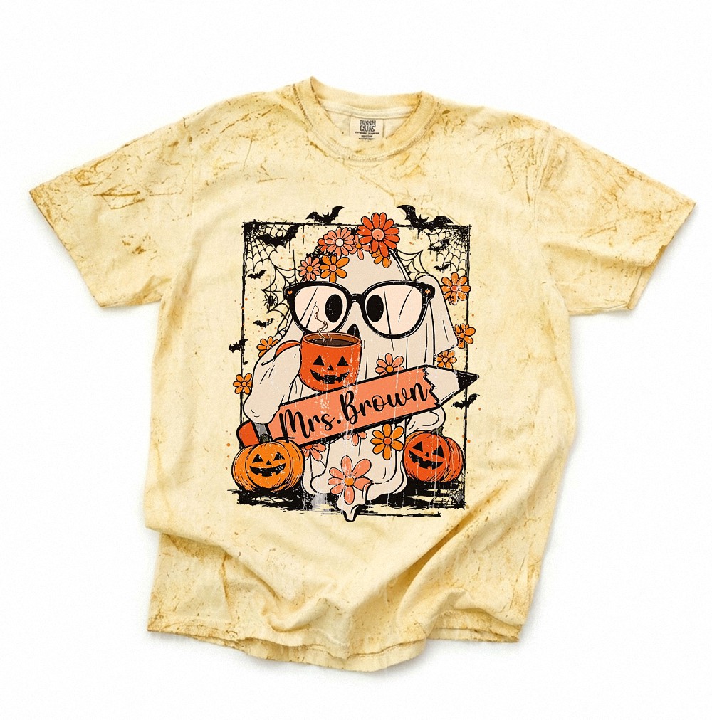 Mrs. Brown Teacher Halloween Graphic Tee - Cute Ghost Bleached Shirt