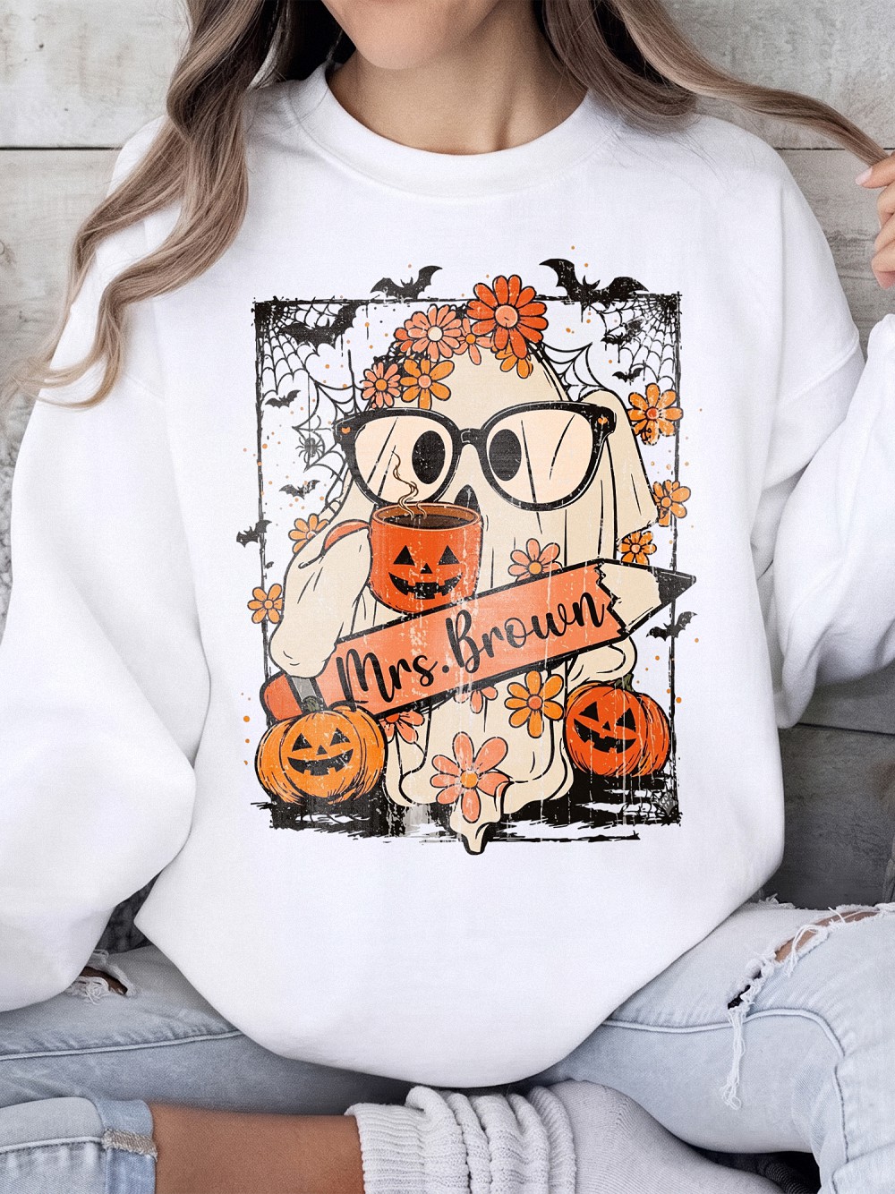 Mrs. Brown Teacher Halloween Graphic Tee - Cute Ghost Bleached Shirt