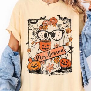 Mrs. Brown Teacher Halloween Graphic Tee - Cute Ghost Bleached Shirt