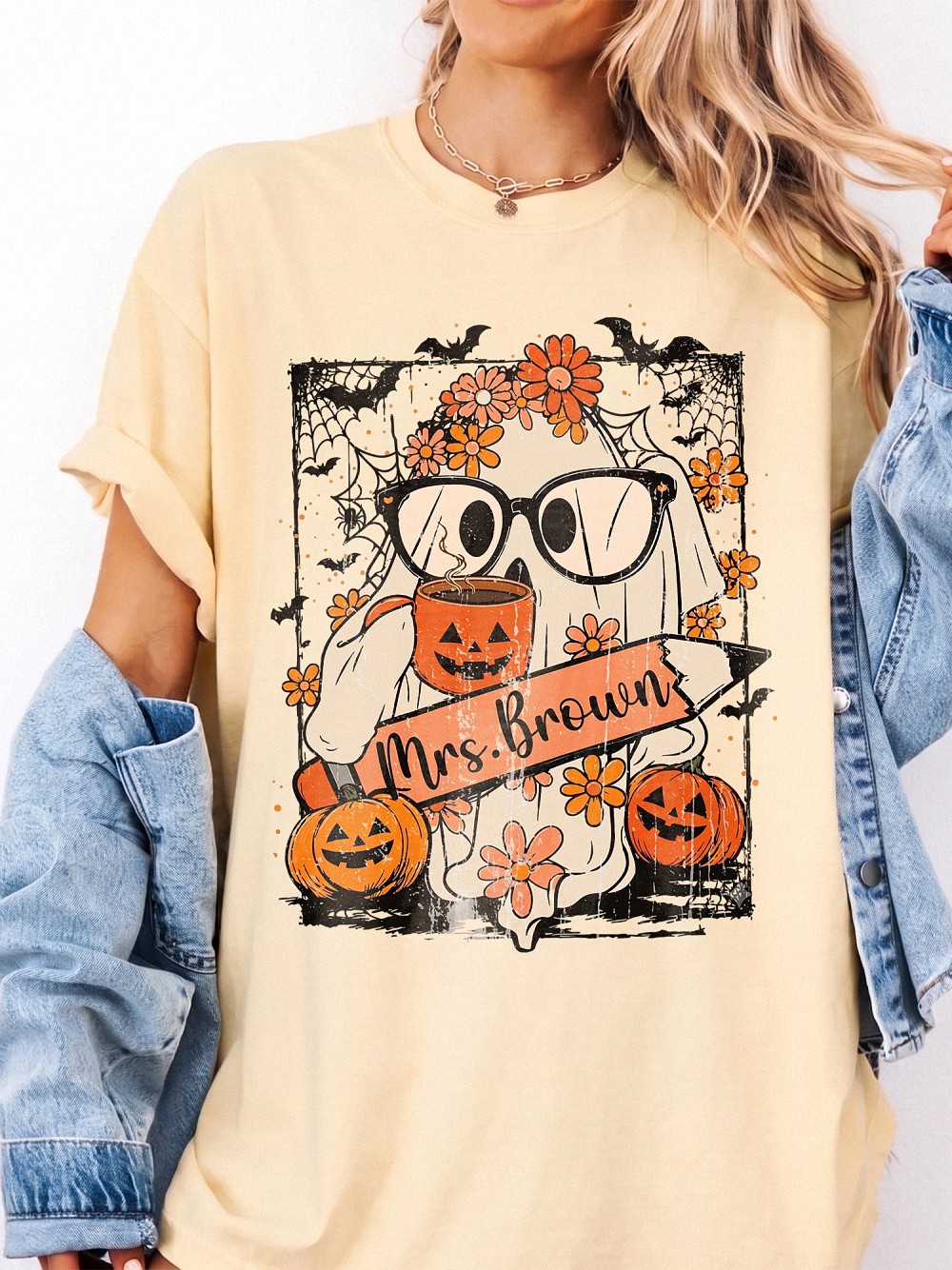 Mrs. Brown Teacher Halloween Graphic Tee - Cute Ghost Bleached Shirt