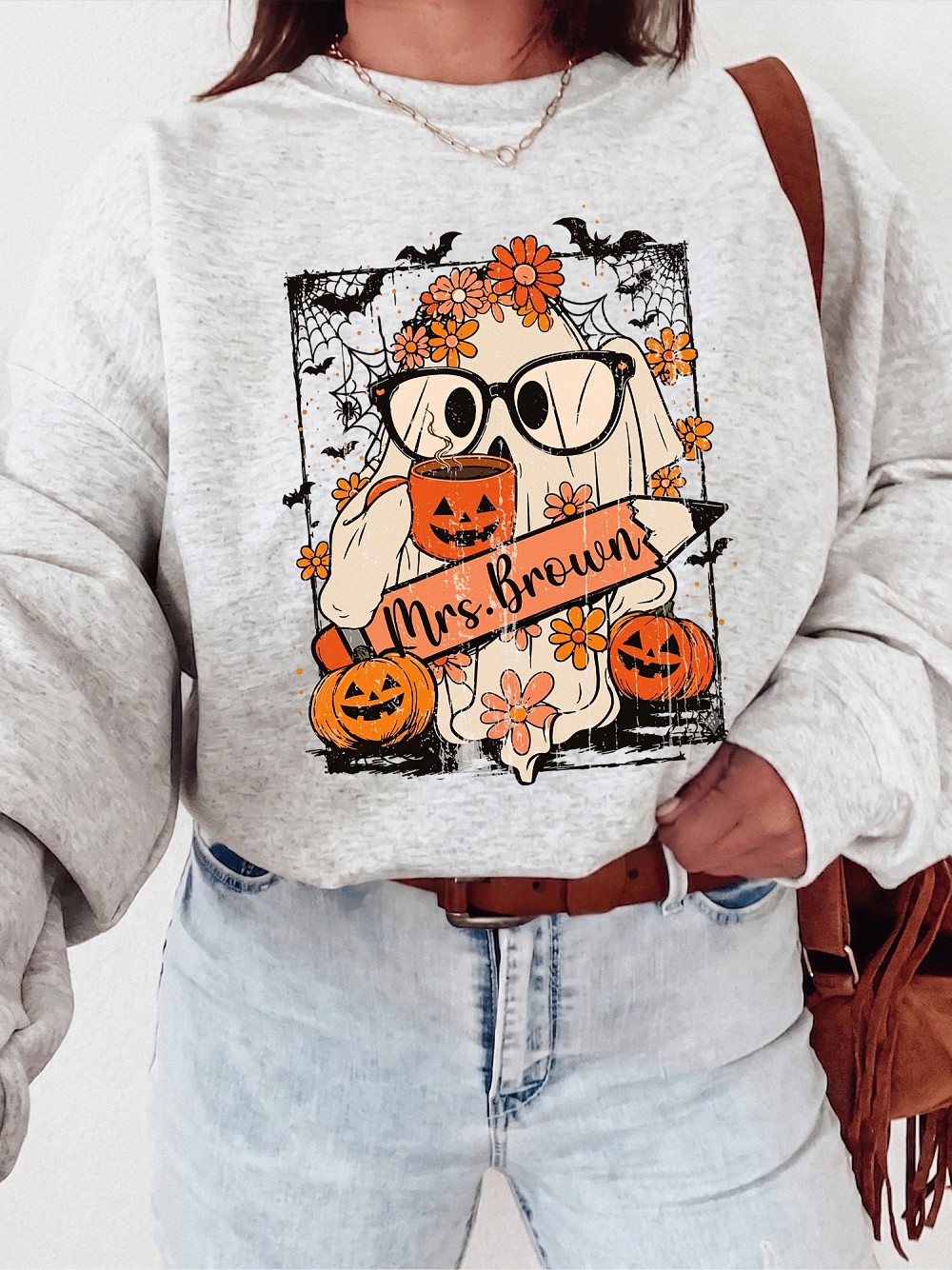 Mrs. Brown Teacher Halloween Graphic Tee - Cute Ghost Bleached Shirt