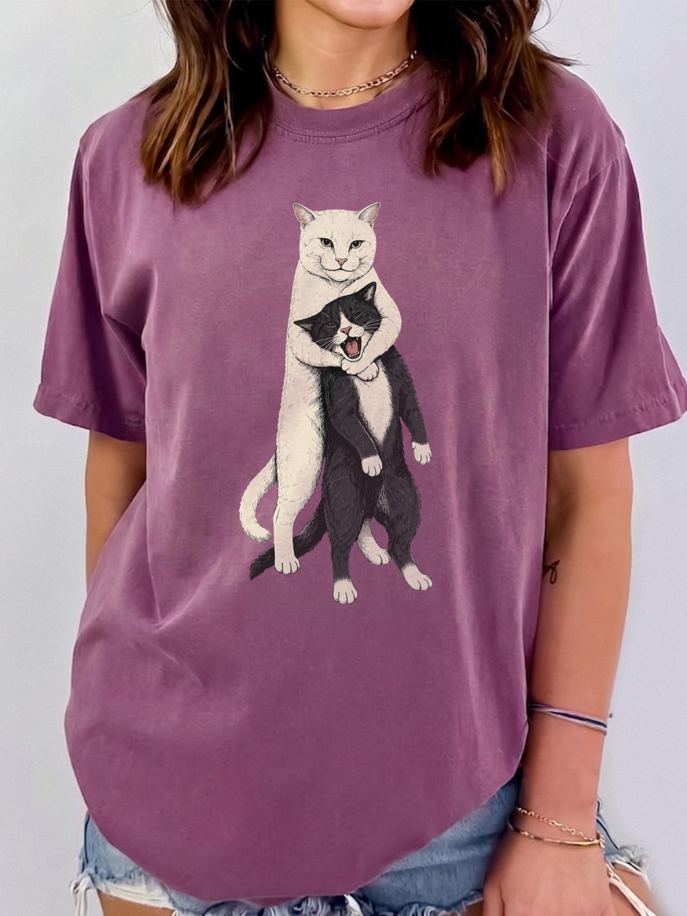 Funny Hugging Cats Graphic Tee - Cat Meme Head Locking Shirt