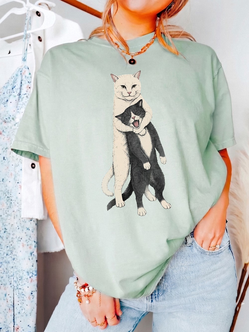 Funny Hugging Cats Graphic Tee - Cat Meme Head Locking Shirt