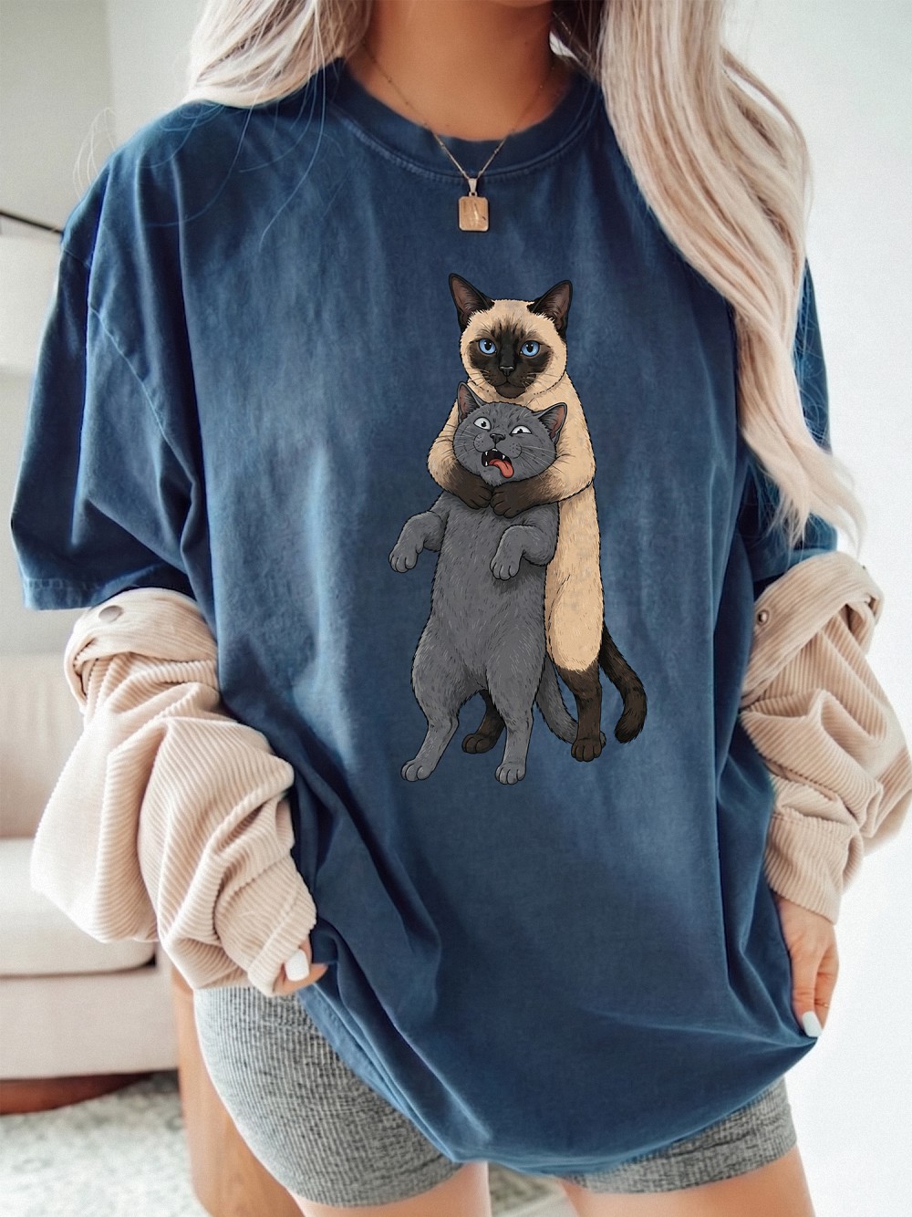 Funny Hugging Cats Headlocking Graphic Tee - Siamese and Grey Cat Meme Shirt