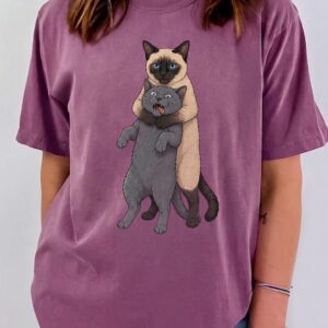 Funny Hugging Cats Headlocking Graphic Tee - Siamese and Grey Cat Meme Shirt