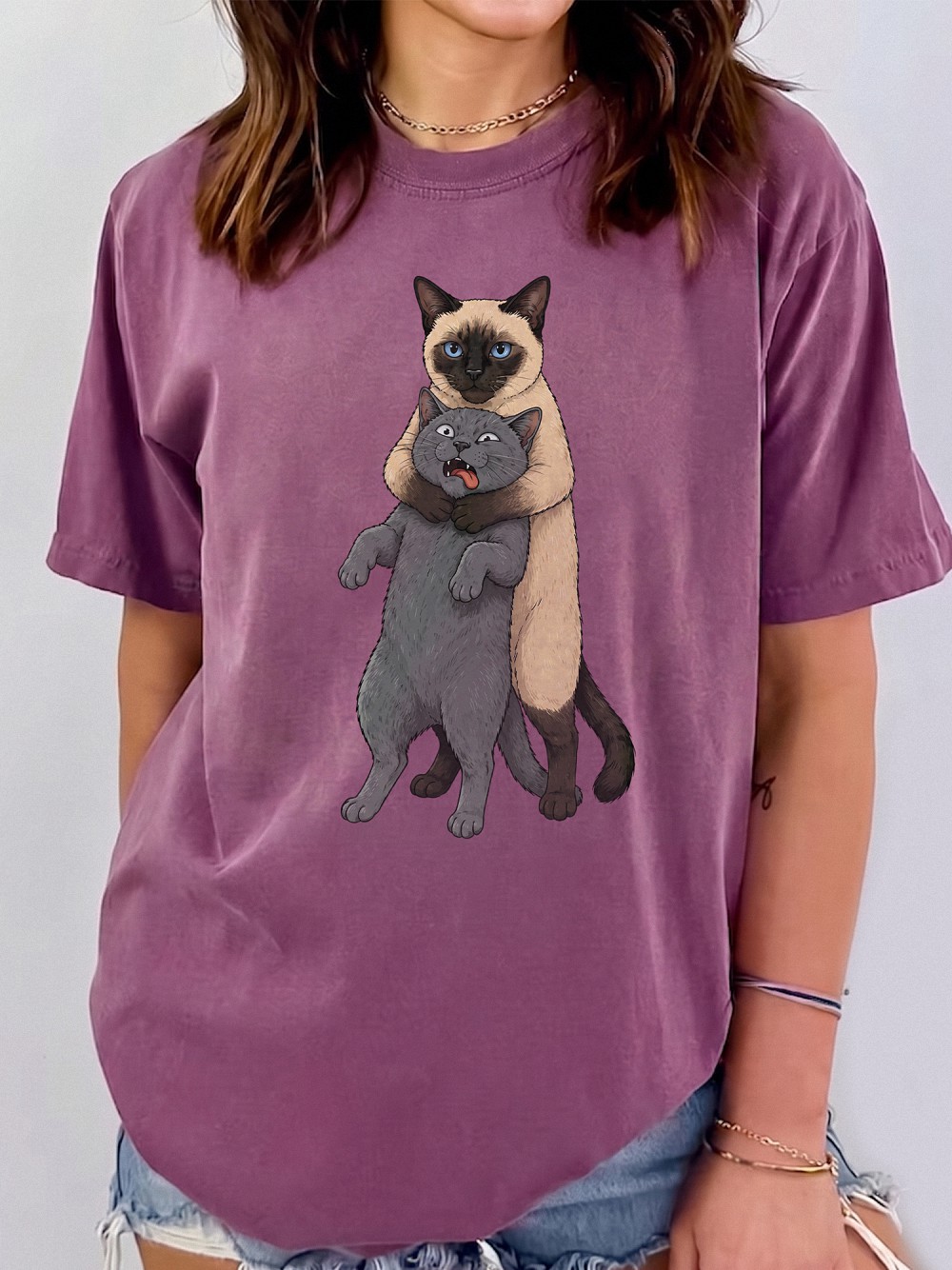Funny Hugging Cats Headlocking Graphic Tee - Siamese and Grey Cat Meme Shirt