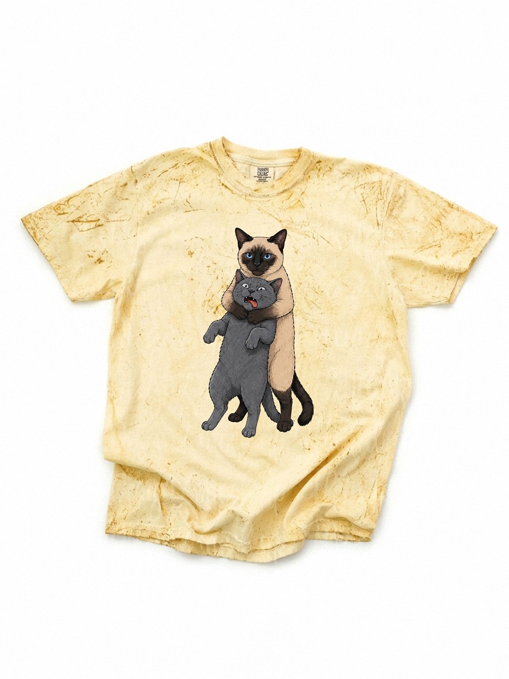 Funny Hugging Cats Headlocking Graphic Tee - Siamese and Grey Cat Meme Shirt
