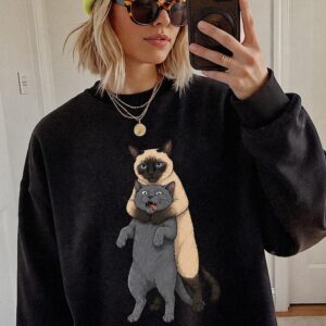 Funny Hugging Cats Headlocking Graphic Tee - Siamese and Grey Cat Meme Shirt