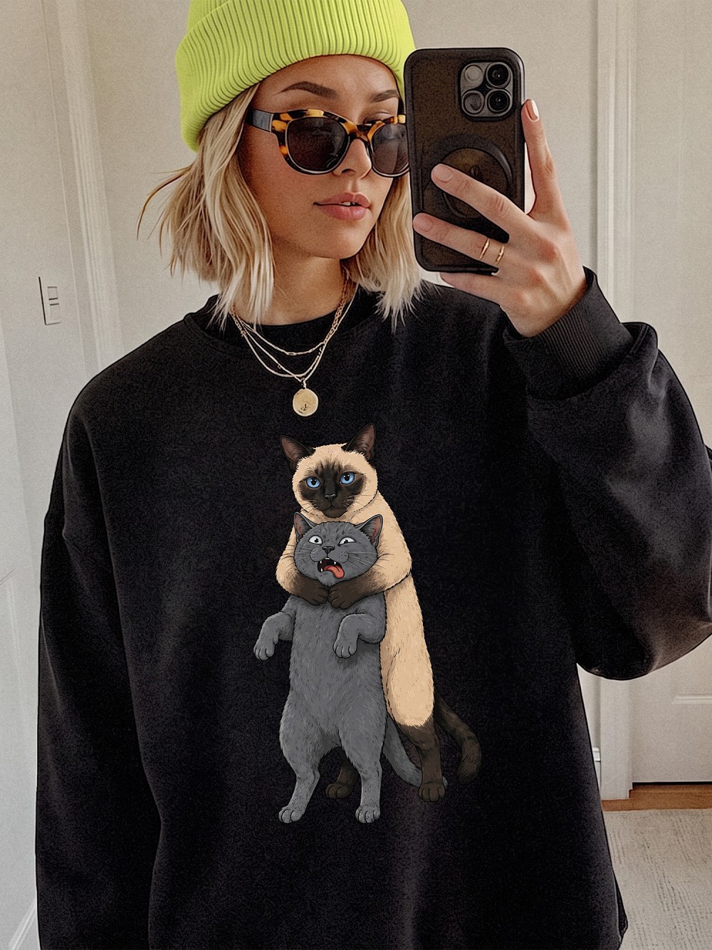 Funny Hugging Cats Headlocking Graphic Tee - Siamese and Grey Cat Meme Shirt