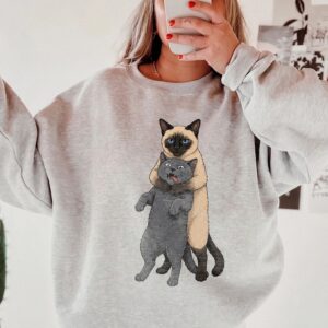 Funny Hugging Cats Headlocking Graphic Tee - Siamese and Grey Cat Meme Shirt