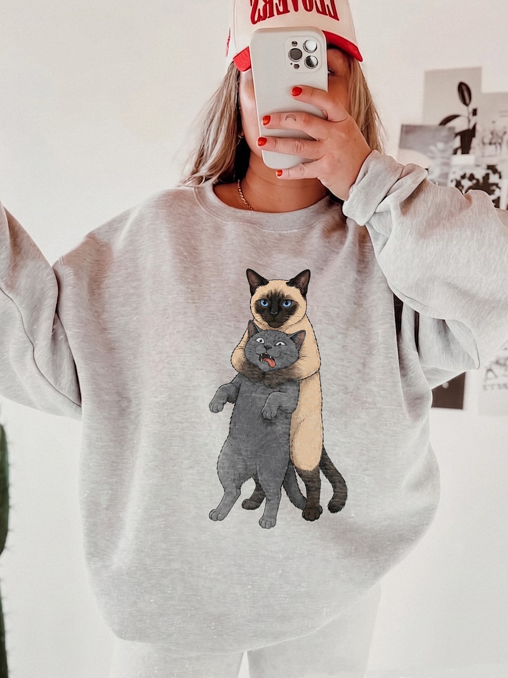 Funny Hugging Cats Headlocking Graphic Tee - Siamese and Grey Cat Meme Shirt