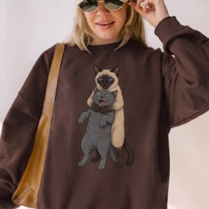 Funny Hugging Cats Headlocking Graphic Tee - Siamese and Grey Cat Meme Shirt