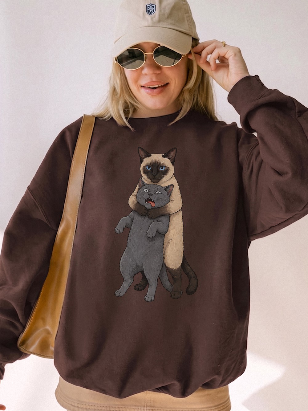 Funny Hugging Cats Headlocking Graphic Tee - Siamese and Grey Cat Meme Shirt