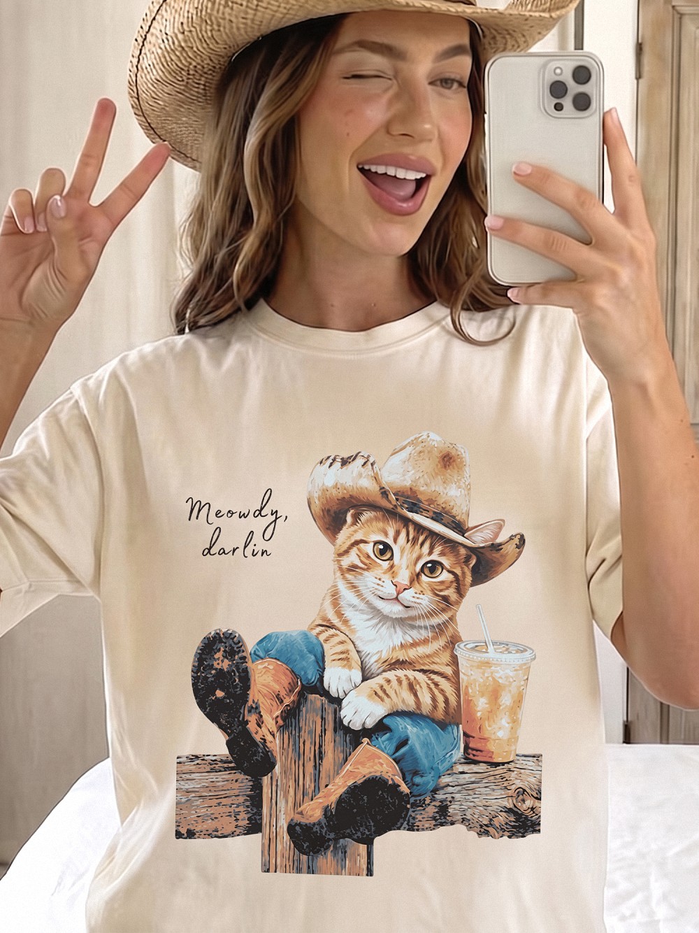 Enrjdsnx Meowdy Darlin Cowboy Cat T-Shirt | Western Graphic Tee